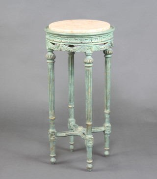 A turquoise painted Empire style jardiniere stand with pink veined marble top, raised on turned and fluted supports with X framed stretcher 78cm h x 38cm 