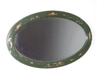 A 1930's oval bevelled plate wall mirror contained in a green chinoiserie style frame 69cm h x 41cm w 