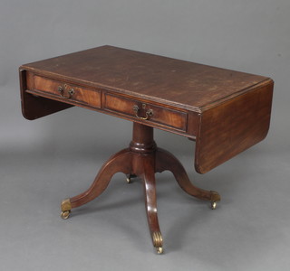 A 19th Century mahogany pedestal sofa table fitted 2 frieze drawers, raised on a turned column and tripod base with brass caps and casters 73cm x 61cm w x 96cm when closed by 15cm when open 