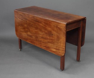 A 19th Century mahogany drop flap gateleg dining table, raised on square tapered supports with brass casters 65cm h x 114cm w x 140cm when extended 