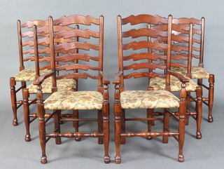 A set of 6 18th Century stye elm, Lancashire ladderback dining chairs with over stuffed seats, raised on turned supports with turned box framed stretchers - 2 carvers, 4 standard 