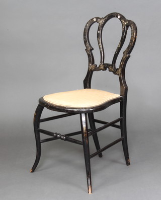 A Victorian balloon back papier mache bedroom chair inlaid mother of pearl, with upholstered seat and raised on cabriole supports 