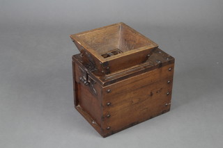 A Chinese hardwood and metal mounted cock fighting transportation box 38cm x 36cm x 26cm 