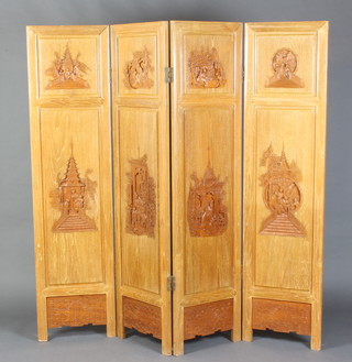 A Chinese carved Padauk 4 fold dressing screen 173cm h x 43cm when closed x 173cm when open 