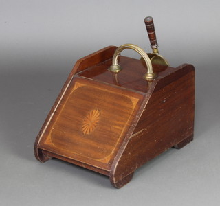 An Edwardian inlaid mahogany coal box with brass handle and shovel 30cm h x 34cm x 47cm