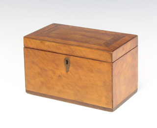 A 19th Century rectangular crossbanded mahogany twin compartment tea caddy with hinged lid 12cm h x 20cm w x 12cm d 