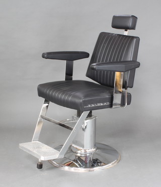 A Belmont Apollo chrome barbers chair by Takara Belmont, upholstered in black rexine on a chrome base 