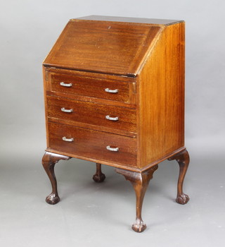 A 1930's mahogany bureau with fitted interior above 3 long graduated drawers, raised on cabriole ball and claw supports 99cm x 60cm w x 43cm d