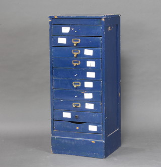 A blue painted pine chest of 10 drawers, raised on a platform base 107cm h x 46cm w x 36cm d (some damage to the top)