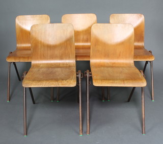 Mid Century industrial, a set of 5 tubular metal and plywood stacking chairs (old but treated woodworm to the seat) 