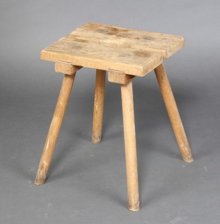 A Continental rectangular pine stool on turned supports 44cm x 34cm x 28cm (old but treated worm) 