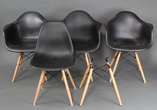 After Eames, 3 moulded plastic and turned beech tub back chairs, together with a matching single chair and 1 set of chair legs   (no seat)