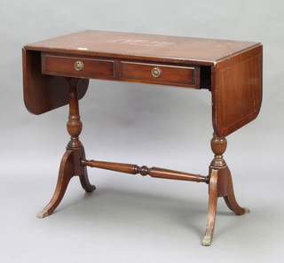 A Georgian style mahogany sofa table fitted 2 drawers,  raised on turned supports with H framed stretcher 73cm h x 84cm w x 51cm d 