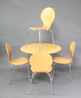 A circular beech finished and chrome pedestal kitchen table 74cm h x 91cm d together with a set of 4 matching chairs 
