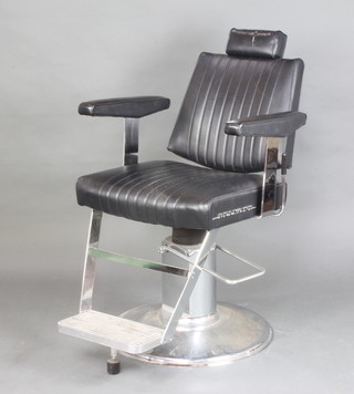 A Belmont Apollo chrome barbers chair by Takara Belmont, upholstered in black rexine on a chrome base (split to headrest)