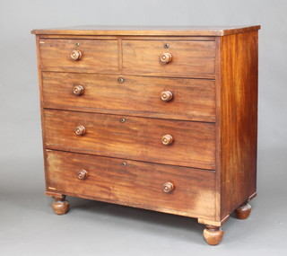 A Victorian mahogany chest fitted 2 short and 3 long drawers with tore handles raised on bun feet 104cm h x 110cm w x 52cm d (ring marks to the top and a replacement plywood back)
