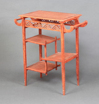 A rectangular Chinese style washstand with towel rails to the side and having 3 undertiers, raised on square tapered supports 72cm h x 50cm w x 34cm d 
