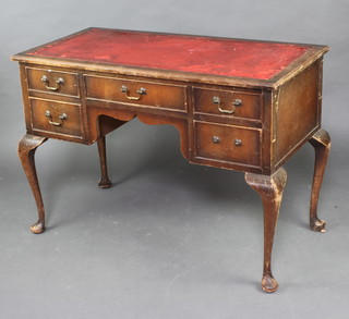 A Queen Anne style rectangular mahogany writing table with inset tooled writing surface above 1 long and 4 short drawers, raised on cabriole supports 77cm x 109cm x 54cm 