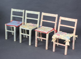 Four childs beech framed and painted stacking chairs 

