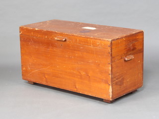 A teak twin handled trunk with hinged lid 47cm h x 96cm w x 45cm d (locked, some scratches)