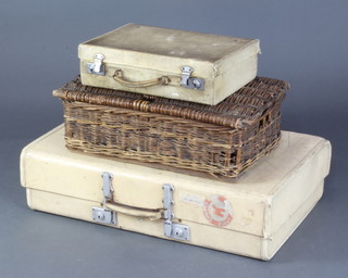 A white parchment suitcase with chrome mounts 19cm h x 76cm w x 43cm d, ditto attache case 10cm x 40cm x 27cm and a rectangular basket with hinged lid 
