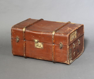 A wooden and fibre bound cabin trunk 36cm h x 70cm w x 46cm d (handles damage and some wear to the leather in places)