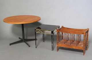 A mid Century circular teak and tubular metal pedestal occasional table, raised on a cruciform base 56cm h x 80cm diam., together with a 1950's glass and pierced metal occasional table 42cm h x 40cm x 40cm and a mahogany 3 division Canterbury 45cm h x 55cm w x 30cm d 