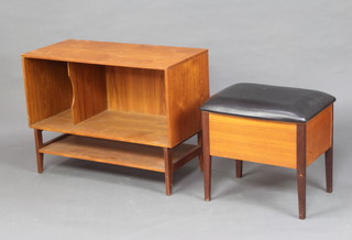 A mid Century teak sewing box with hinged lid, raised on square supports 47cm h x 52cm w x 37cm d and an audio cabinet 63cm h x 85cm w x 40cm d 