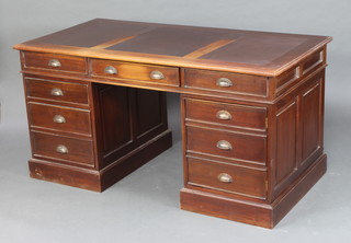 A Victorian style mahogany desk with inset writing surface fitted 9 drawers and a cupboard to 1 pedestal, 79cm h x 155cm w x 80cm d 
