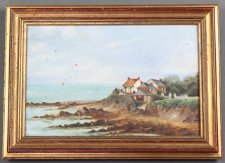 Oil on canvas, seascape with rocky beach and buildings 15cm x 22cm 