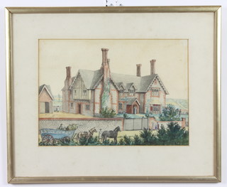 19th Century watercolour, a country house with figures, unsigned, 21cm x 31cm 