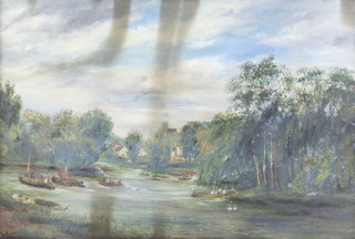 19th Century, oil, on board, unsigned, river landscape with boats and distant buildings, 37cm x 54cm together with 19th Century oil on board, West Country coastal scene with distant boats and buildings 34cm x 54cm (some damp damage to both paintings) 