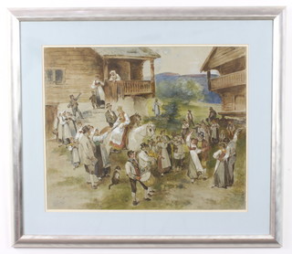 Continental watercolour, indistinctly signed, mountainous village scene with cavorting figures 46cm x 56cm 