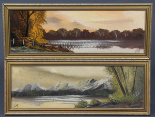 Anthony, a pair of oil paintings on board, lake and mountain scenes 20cm x 60cm 