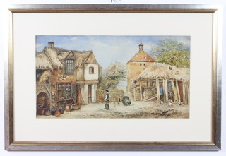 19th Century watercolour unsigned, a gentleman in a country farmyard 21cm x 54cm