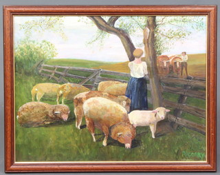R Corry, naive oil painting on board, study of a farmer, shepherdess, sheep and cattle 42cm x 55cm 