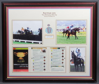 A montage of 3 photos, an official race card and 2 pages for Best Mate 2004, The Tote Cheltenham Gold Cup, Thursday 18th March '04, signed by J Culloty winning Jockey, 55cm x 67cm together with a signed limited edition print "Storming Home Cheltenham - Master Oats, Merrygale and Dubacilla in the Cheltenham Gold Cup"  signed by the jockeys 37cm x 52cm and a limited edition signed print "One Man, A Great Gray Chases" signed by Richard Dunwoody no.58/750 33cm x 27cm (3)   