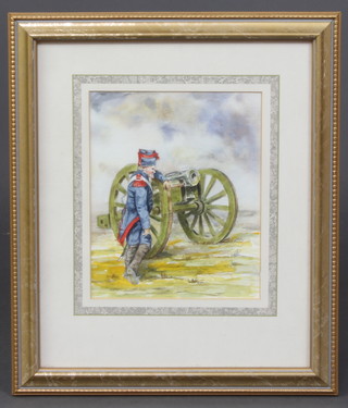 David Archer, watercolour, "Awaiting Orders", study of a Napoleonic artilleryman with cannon 19cm x 15cm 