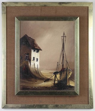 Ken Hammond (b1948) oil on canvas signed, study of a moored fishing vessel, 24cm x 19cm 