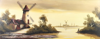 Ken Hammond (b1948) oil on board, signed, Dutch waterway scene with windmills, 45cm x 113cm 