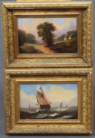 A pair of Victorian oil paintings on boards, rural scenes 16cm x 26cm, contained in gilt frames