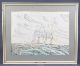 Gouache drawing, study of a sailing ship in heavy sea marked John Locke Baroque, Cape Horn, 56cm x 72cm 