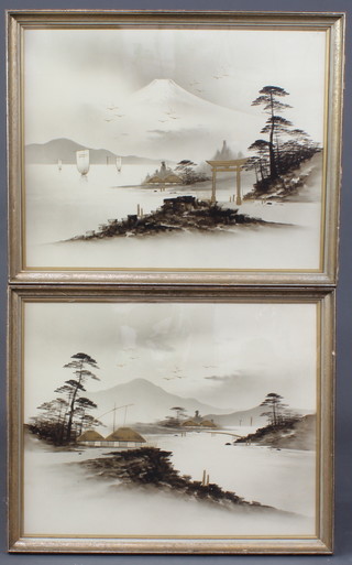 A pair of Japanese prints, study of mountains and temples 39cm x 50cm 