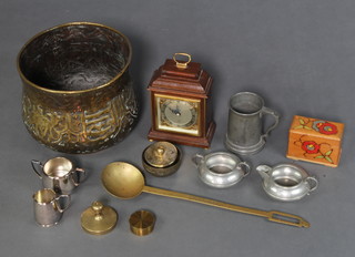 An Elliott mantel clock marked David Hall Stratford on Avon (not currently working), a brass jardiniere, a wooden box containing playing cards and other minor items of brass and pewter 