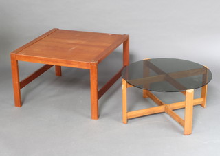 Myer, a circular teak and plate glass coffee table, raised on panel supports with X framed stretcher 37cm h x 72cm diam. together with a Danish teak coffee table 49cm x 80cm x 80cm 