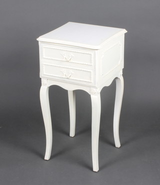 A French style square white painted bedside chest of 2 drawers and serpentine outline, raised on cabriole supports 88cm h x 35cm w x 33cm  