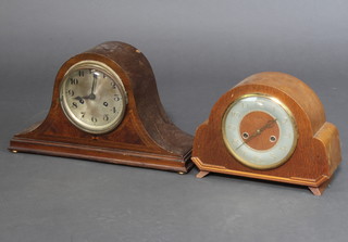 A striking mantel clock with silvered dial contained in an inlaid mahogany admiral's hat shaped case together with a Smiths 1950's striking mantel clock in an arched oak case 