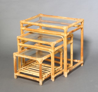 A nest of 3 rectangular bamboo and glass interfitting coffee tables 49cm h x 51cm w x 36cm d 