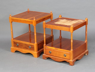 A near pair of yew Georgian style 2 tier square lamp tables with drawer to the base 59cm h x 45cm w x 45cm d (1 with water damage to the top)  