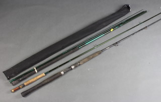A Bob Church Exwave Rutland Mk.2 carbon fibre trout fishing rod, a Mustang putover pole, an Abu 6'10" boat rod and a 3 section carbon figure rod 